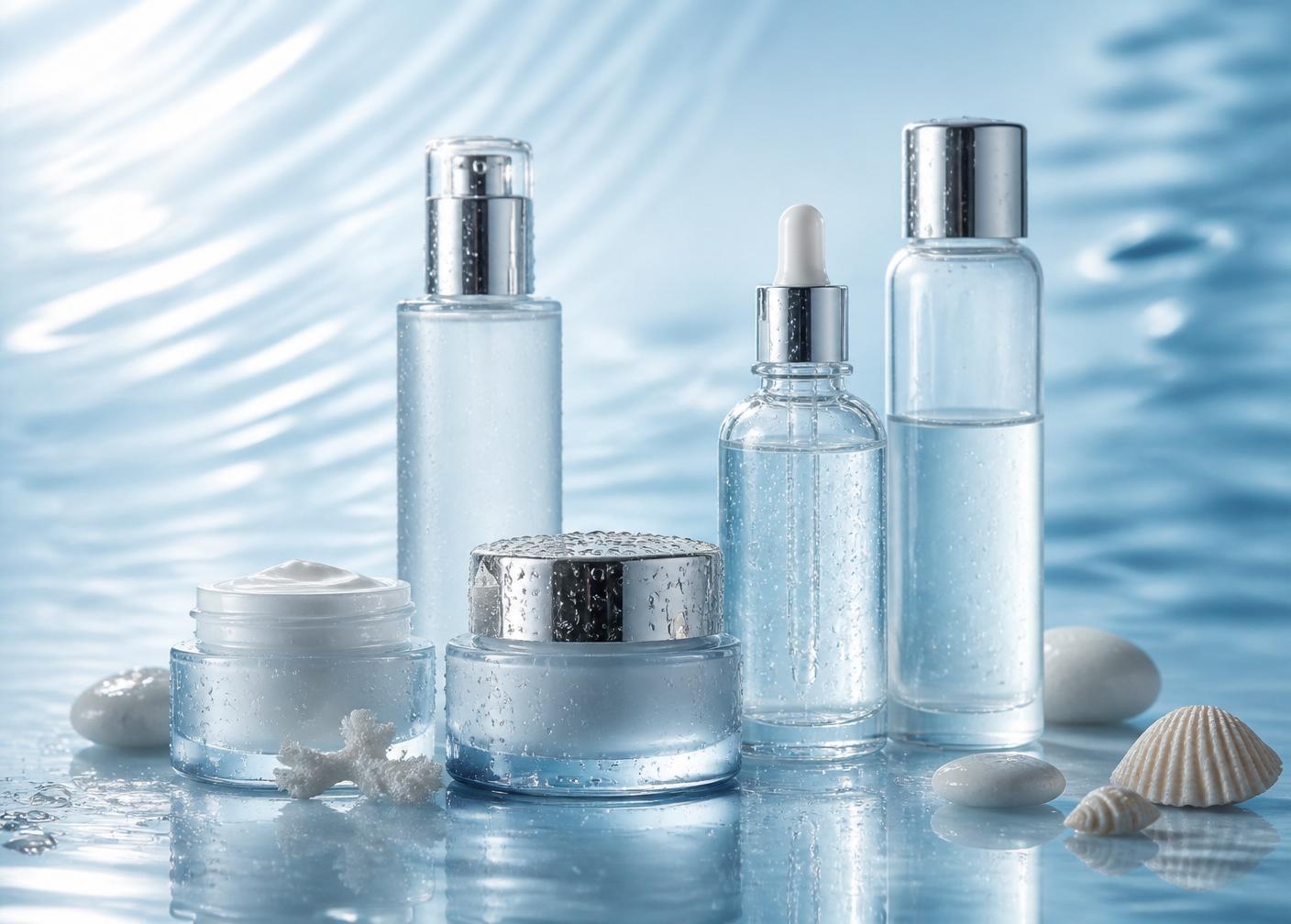 Elegant clean beauty products with blue ocean-inspired lighting and seashells