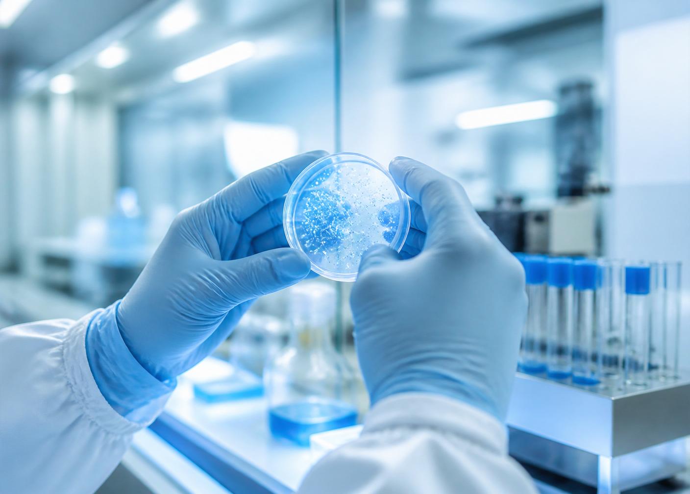 Pharmaceutical laboratory with blue-lit petri dish and cleanroom equipment