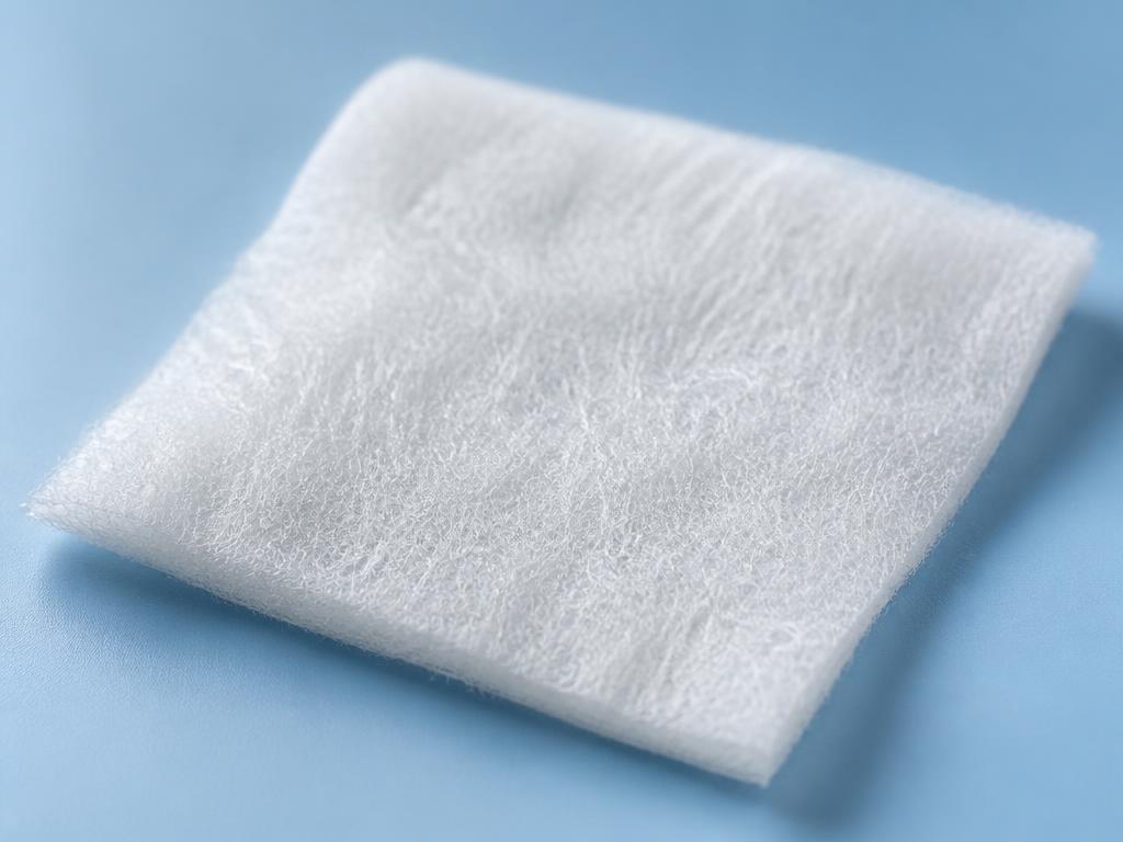 Sterile white chitosan fiber wound dressing on a clinical blue background