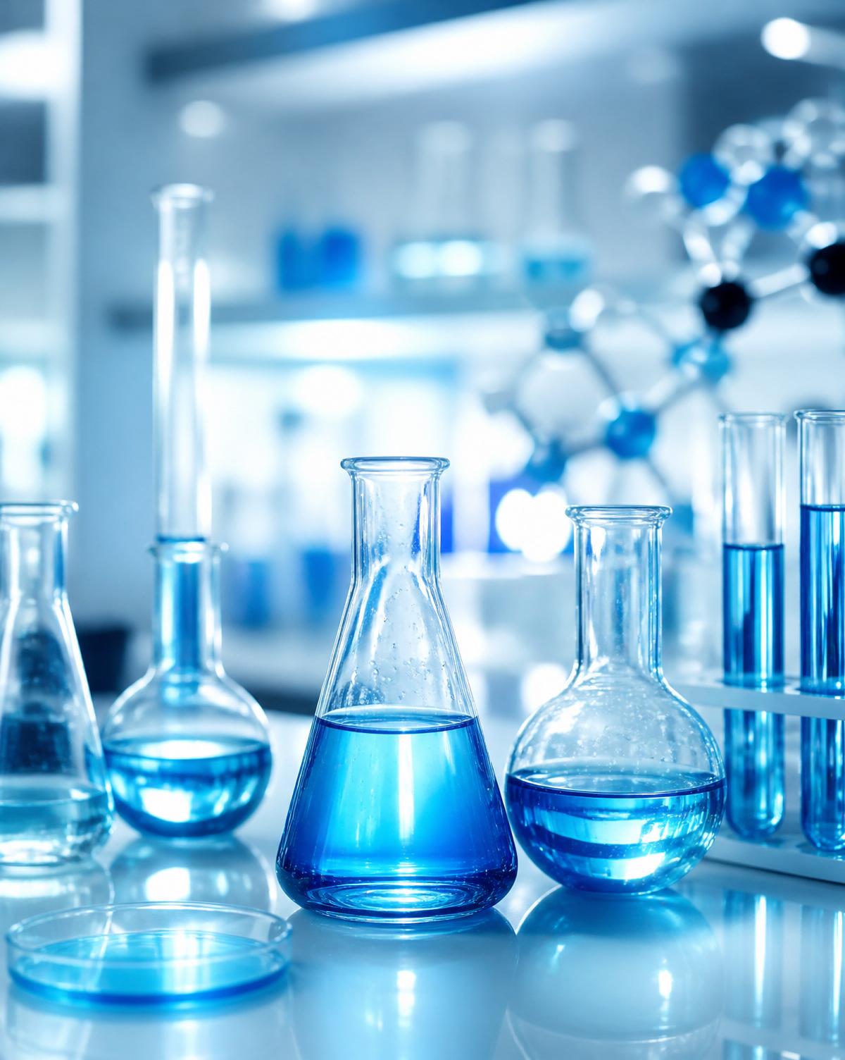 Modern biotechnology laboratory with blue biopolymer liquid in glassware