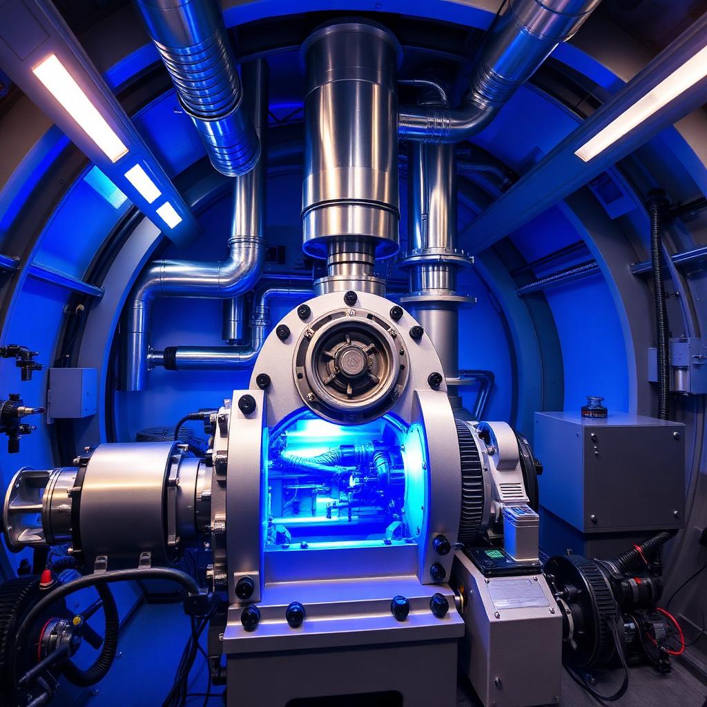 Industrial mechanochemistry reactor lit in blue