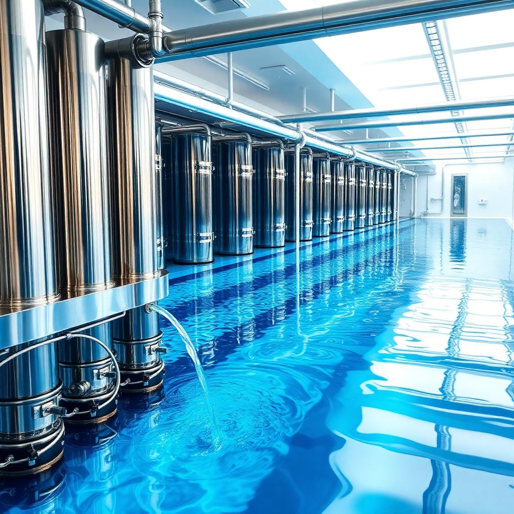 Modern clean water treatment facility with crystal-clear blue water